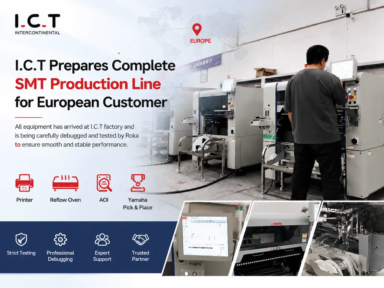 ICT pregătește o linie completă de producție SMT pentru clientul european.webp